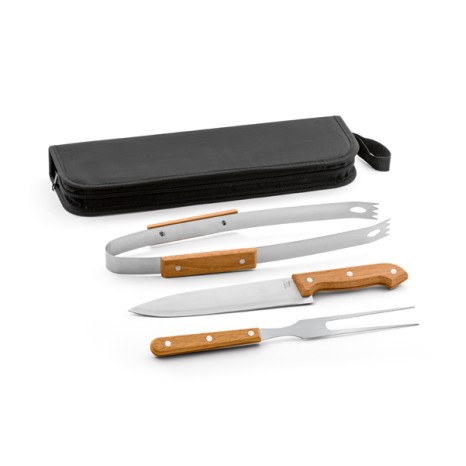 Kit Churrasco Aço Inox e Madeira 3 Pecas com Logotipo Personalizado