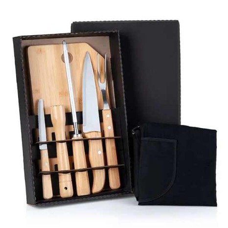 Kit para Churrasco em Bambu/Inox com Avental com Logo