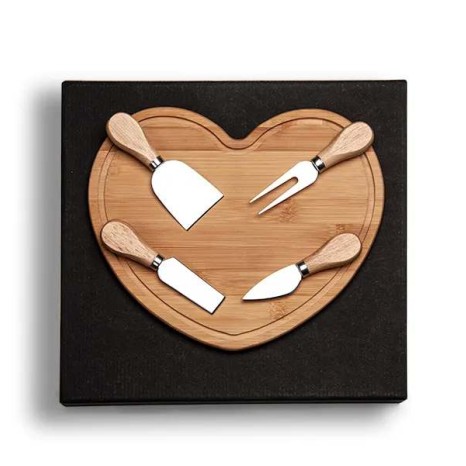 Kit para Queijo Com Tábua Formato Coração Bambu / Madeira / Inox Personalizado com Logo